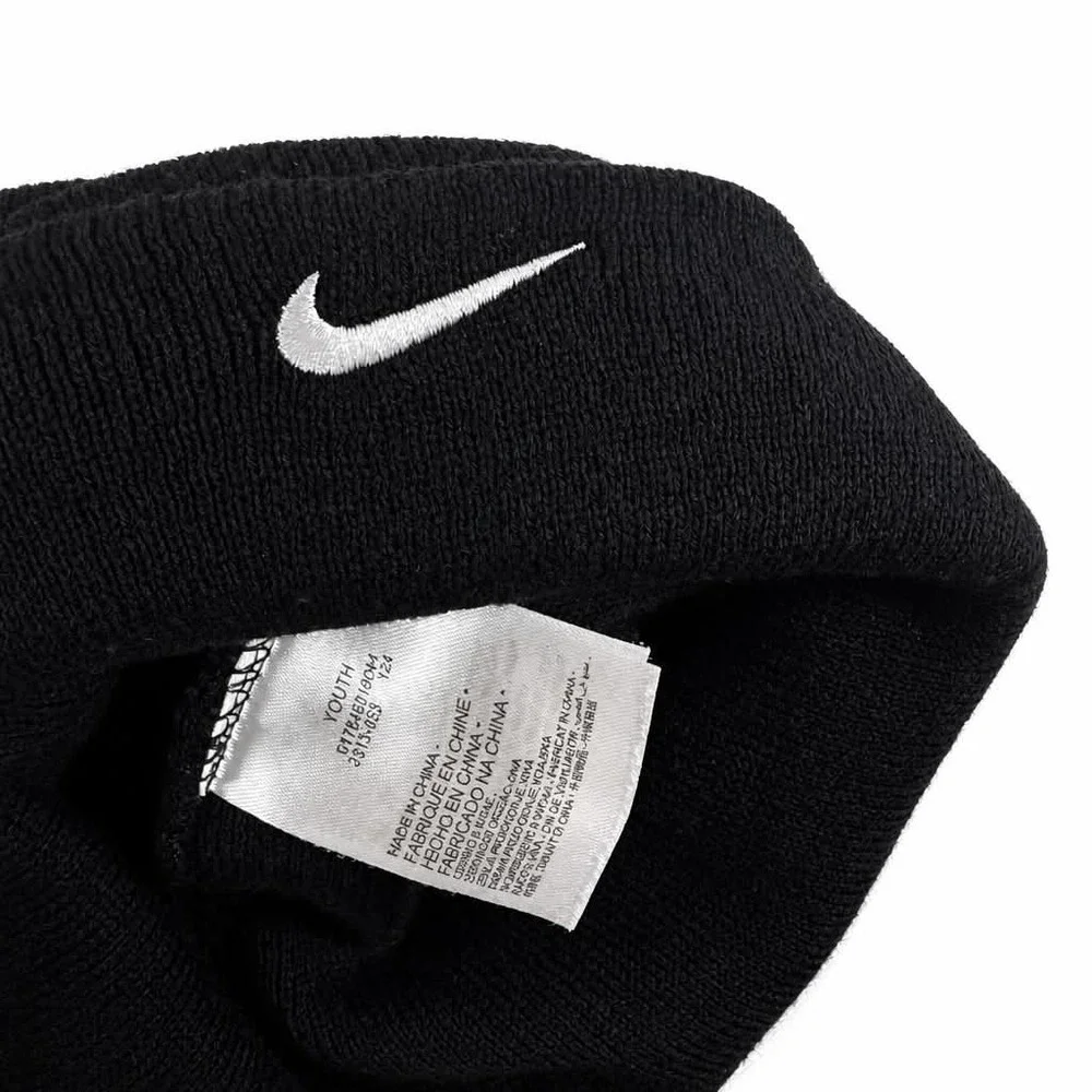 Nike Youth Beanie Hat Black White Embroidered Swoosh Cuffed Knit Winter Cap Kids